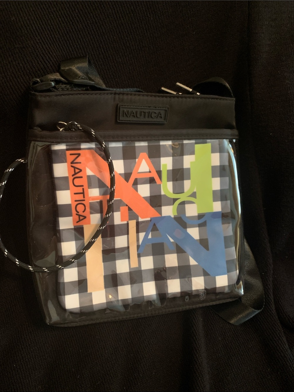 Nautica Black Clear Crossbody with Orange, Blue & Green Plaid Insert